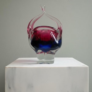 c1960's  Czech Chribska Ruby/Blue  Sommerso Bohemian Art Glass Basket