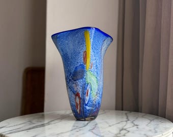 Vintage Murano art glass vase , speckled blue , abstract patches , swirled , 1960’s