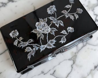 Vintage Black Lacquer Jewelry Box, Mother of Pearl Floral Inlay, Red Velvet Lined Keepsake