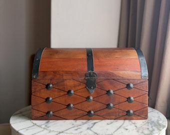 Vintage Wooden Half Round Top Storage Box Original, Hand Crafted Metal Fitted