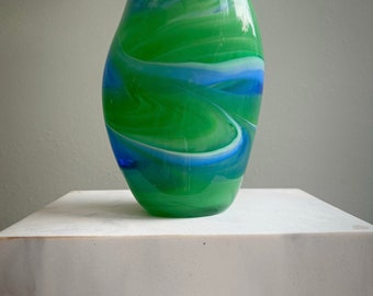 Vintage Glass Vase , Mdina , hand blown , signed by artist , green and blue swirl, very rare