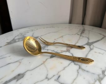 Vintage 23/24-karat gold-plated serving ladle and pickle fork set