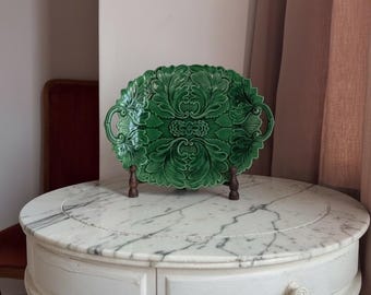 Antique green majolica serving platter,  green lead glaze, by Henry Dean 1930