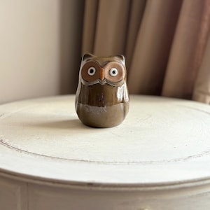 May include: A small, brown ceramic owl ornament with large, round eyes and a light-colored belly. The owl is on a white, round table with a distressed finish. The background features neutral-toned curtains.