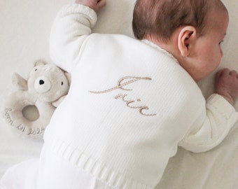 Luxury Baby White Cable Knit Cardigan / Newborn gift embroidered personalised name on back luxury knit outfit / monogrammed name on back