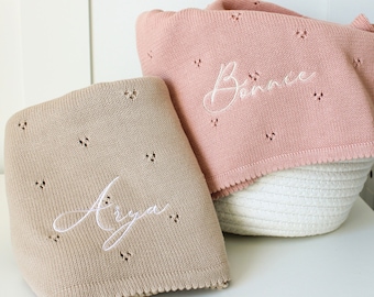 Personalised Knit Baby Blanket | Embroidered Gift for Baby Shower | Neutral Boho Monogrammed Newborn Blue Soft Cotton Tan Beige Pink White