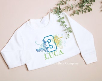 Embroidered Sea Horse Sea Animals / Creatures Birthday jumper / First Second third T-shirt / Top Personalised 1st 2nd ocean Party Outfit