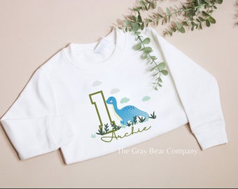 Embroidered T-Rex Dinosaur Birthday jumper sweatshirt First Second Third T-shirt Personalised Name 1st 2nd childrens Party Outfit Dino Kids