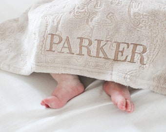 Embroidered Name Blanket Soft Beige Embossed animals neutral fleece wrap Personalised Baby Name Unisex | Luxury Baby girl boy gift newborn