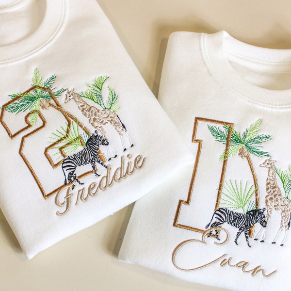 Embroidered Safari Animal Birthday jumper sweatshirt First Second Third T-shirt Personalised Name Boy Girl 1st 2nd Party Outfit JUNGLE Kids