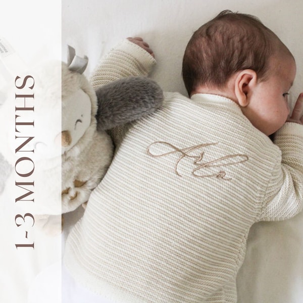 Luxury White and Beige Stripped Cardigan / newborn baby gift embroidered personalised name on back knit outfit unisex boys girls neutral