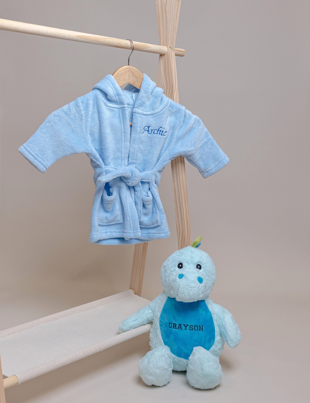 Embroidered Blue Dressing Gown & Dinosaur Teddy Set. Newborn Baby Gift