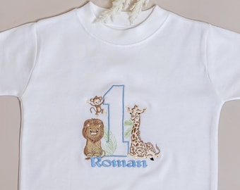 Embroidered Safari Animal Birthday Top / First Second Third T-shirt Personalised Name / Boy Girl 1 2 3 4 Party Outfit JUNGLE Theme Kids