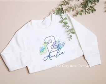 Embroidered Whale Sea Animals / Creatures Birthday jumper / Turtle First Second third T-shirt / Top Personalised 1st 2nd ocean Party Outfit