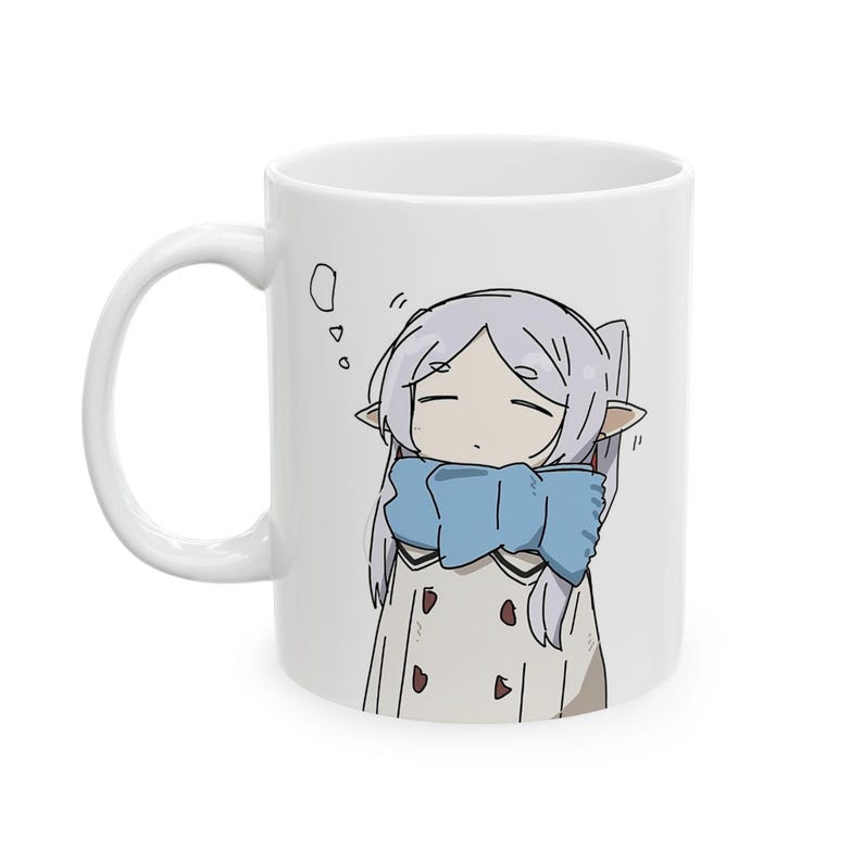 May include: White ceramic mug with a cartoon illustration of a girl with purple hair wearing a blue scarf and a white coat. The girl has her eyes closed and is surrounded by thought bubbles.