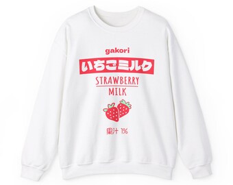 Sudadera unisex con cuello redondo y estampado japonés de leche de fresa