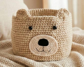 Süßer Bären Korb gehäkelt, Handgemachtes Utensilo fürs Kinderzimmer, Teddybär Aufbewahrung