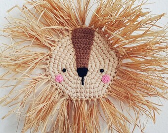 Lion raffia wall hanging, Lion face kids room decor, safari jungle nursery, lion head boho, nursery decor 25cm