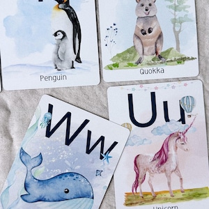 Tarjetas didácticas del alfabeto inglés (ABC) – Tarjetas Montessori. Tarjetas divertidas y educativas para aprender el abecedario para niños y bebés.