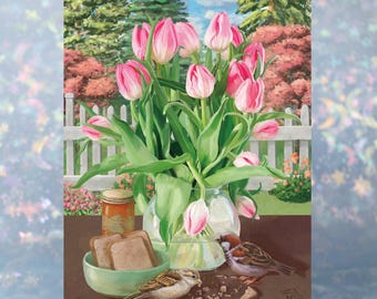 Greeting Card "Sparrow Brunch" | 5x7 inch |  White A7 Envelopes included | Blank inside | illustration, tulips, flowers, spring, birds