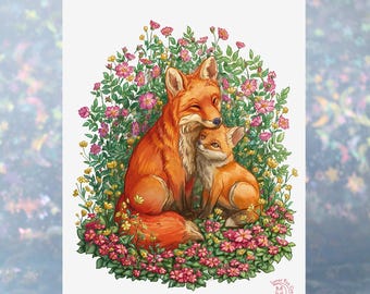 Greeting Card "Foxes&Florals - Primrose Hugs" | 5x7 inch |  White A7 Envelopes included | Blank inside | illustration, fox, flowers, spring