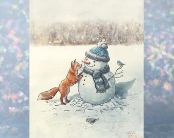 Greeting Card "Snow Day Friends" | 5x7 inch |  White A7 Envelopes included | Blank inside | illustration, fox, winter, seasonal, holiday