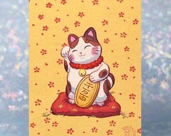Greeting Card "Thankful to be Lucky" - Gold & Red vers | 5x7 inch |  White A7 Envelopes included | Blank inside or w/ text | Lucky Cat, Art