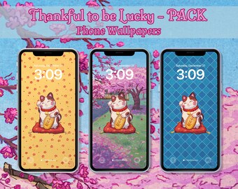 Papel de parede Thankful to be Lucky | Maneki Neko - Lucky Cat | Papel de parede fofo | Tamanhos 9-16, 9-19,5, 9-21 | Pacote de papel de parede | Colorido | Estiloso