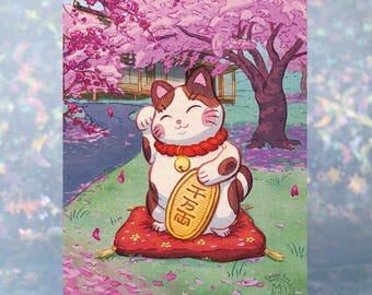Greeting Card "Thankful to be Lucky" - Garden vers | 5x7 inch |  White A7 Envelopes included | Blank inside or w/ text | Lucky Cat, Art