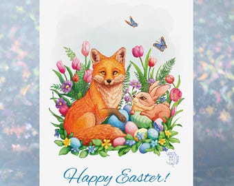 Greeting Card "Foxes&Florals - Easter Buddies" | 5x7 inch |  White A7 Envelopes included | Blank inside | illustration, fox, flowers, spring