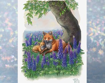 Greeting Card "Foxes&Florals - Leisurely Lupines" | 5x7 inch |  White A7 Envelopes included | Blank inside | illustration, fox, flowers