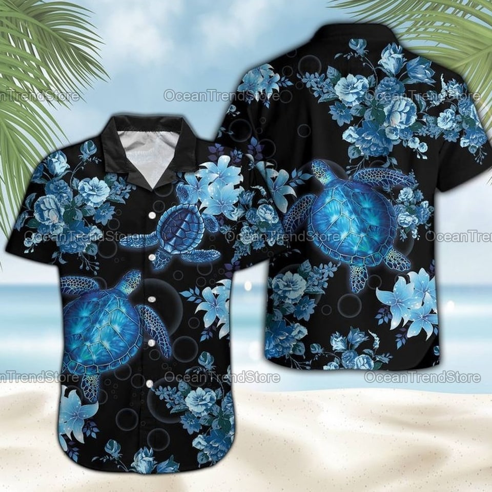 Black Turtle Hawaiian Pattern Print Women Men Pullover Hoodie