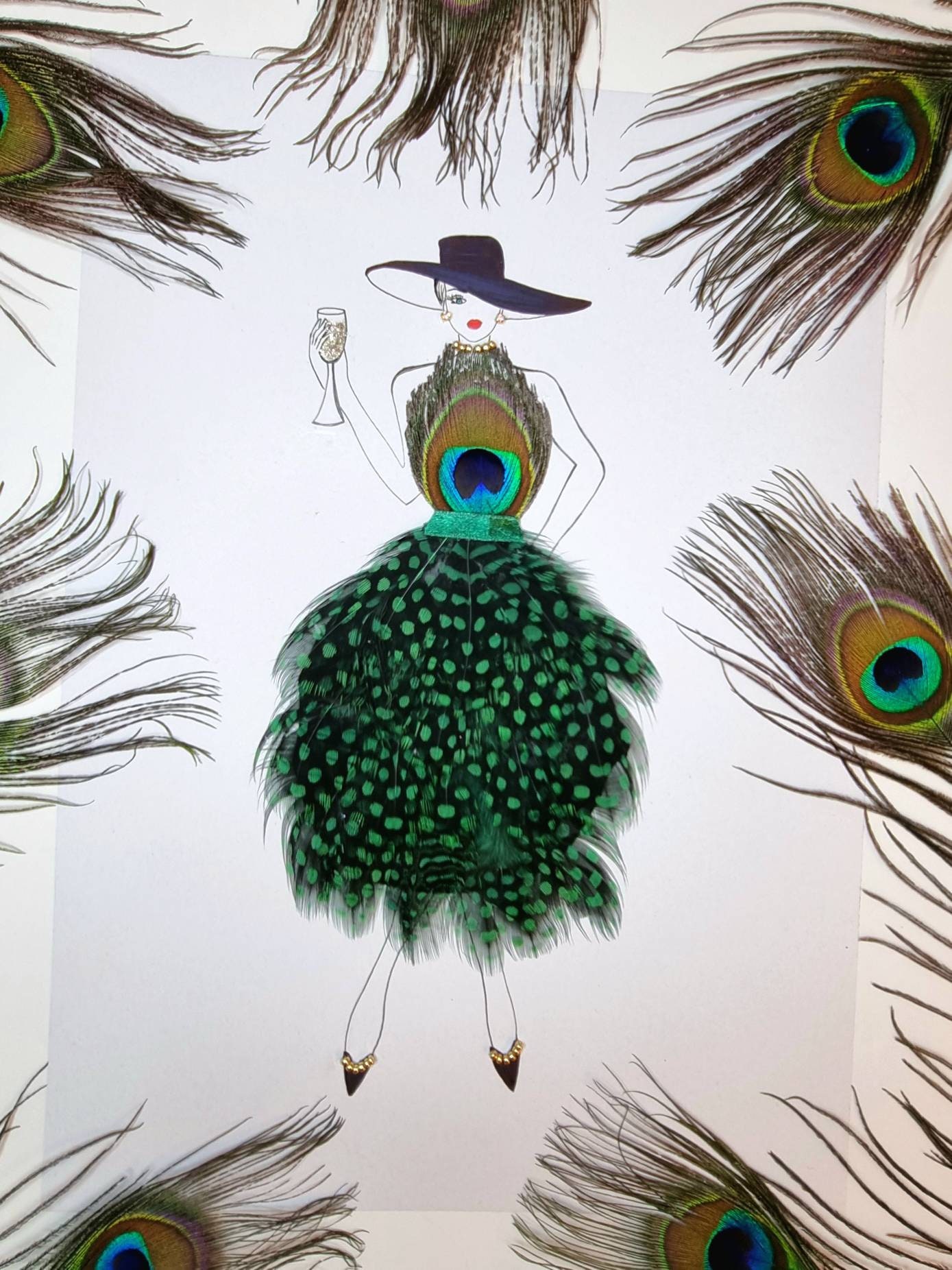 Perfect Gift Feather Dressed Baby Doll Wall Decor, Real Peacock