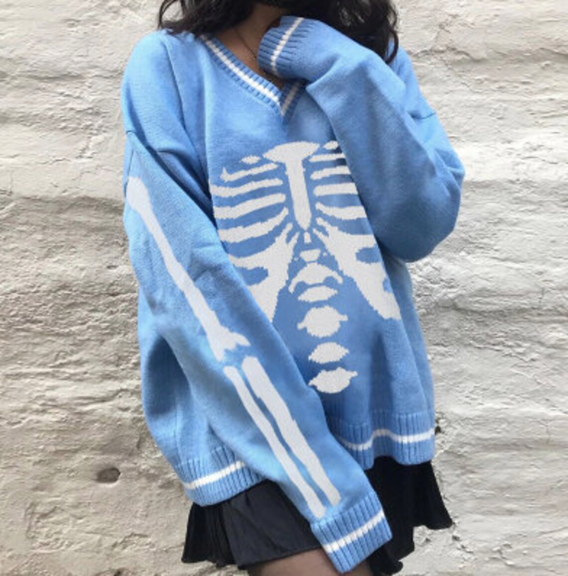 Skeleton Print Sweater Sexy V neck Sweater Y2K Casual Gift For | Etsy