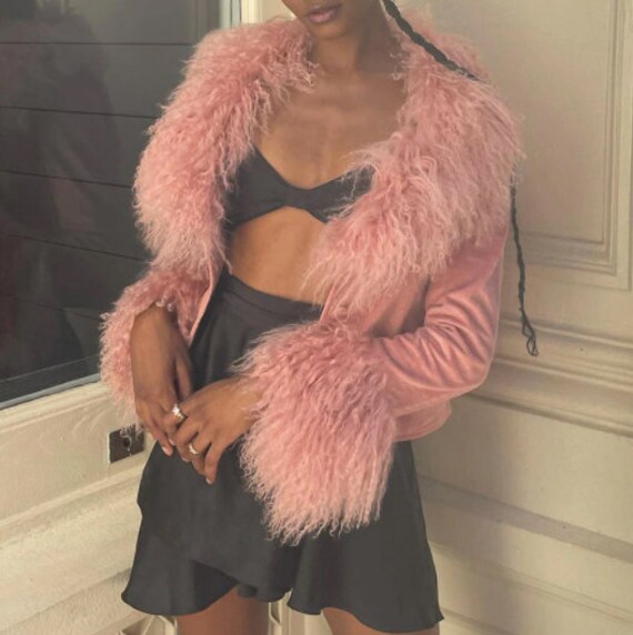 pink corduroy jacket with fur collar