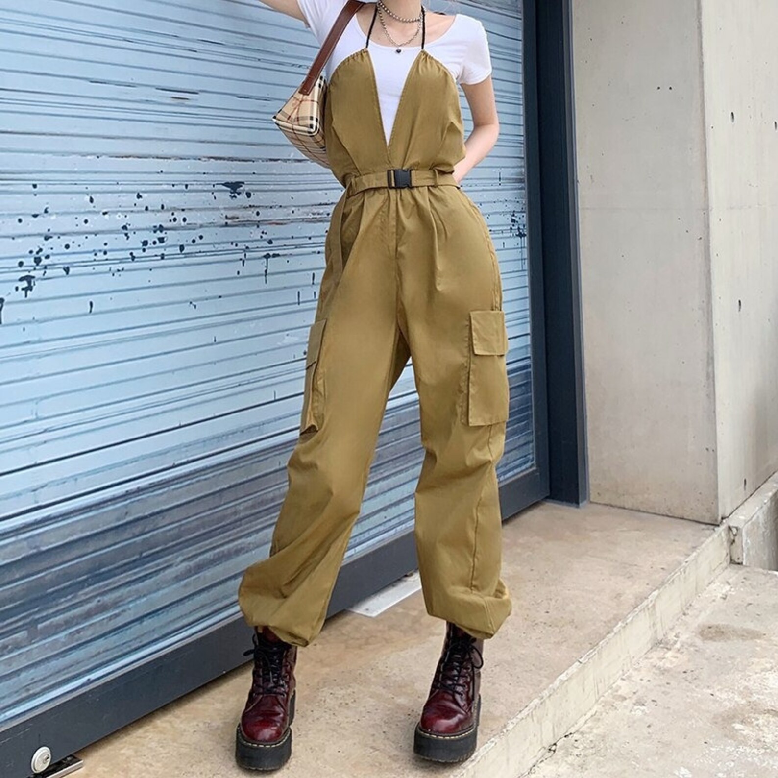 Overall Khaki Body Jumpsuit Damen Streetwear High Etsy