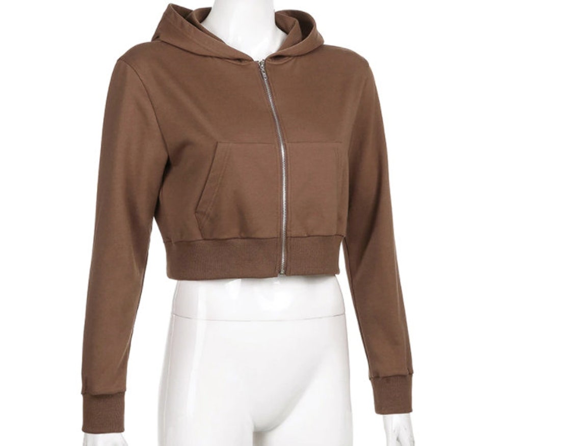 Hoodies Brown Crop Top Long Sleeve Y2K Sexy Swearshirts Zip up | Etsy