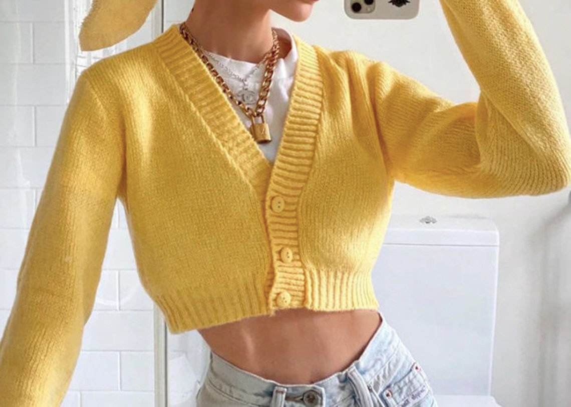 Yellow Knitted Sweater V neck Sweater y2k Crop Top Knit Etsy