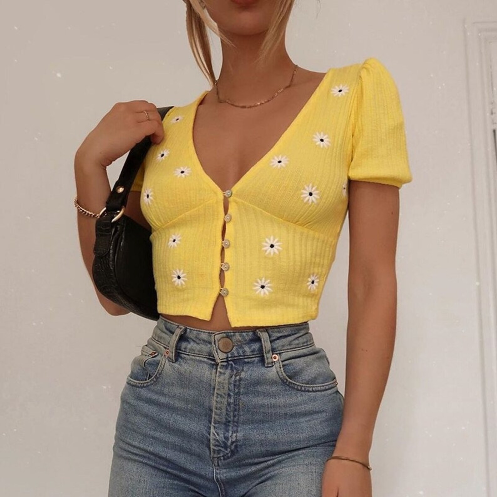 Yellow Crop Top Floral Fabric V neck Knitted Y2K Embroidery Etsy