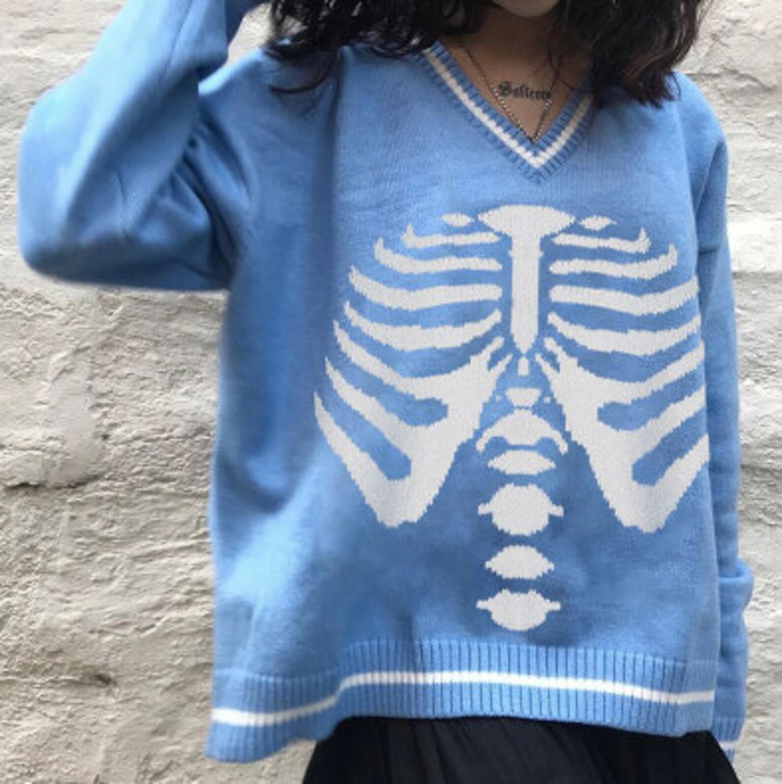 Skeleton Print Sweater Sexy V Neck Sweater Y2K Casual Gift for | Etsy