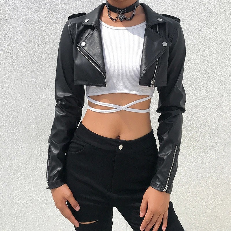 Chaqueta Crop Top de cuero de piel Ropa estética de mujer Ropa | Etsy México