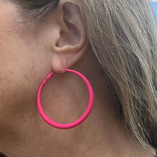 Matte Hot Pink Hoops, Pink Statement Earrings, Hot Pink Dangle Earrings, Unique Statement Hoops, Classy Simple Hoops Pink
