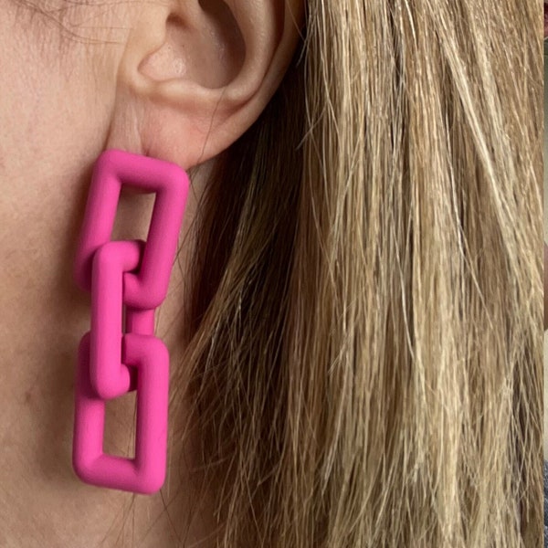 Hot Pink Earrings, Lightweight Earrings, Hot Pink Dangle Earrings, Fuchsia Earrings, Geometric Link Earrings, Gift Earring