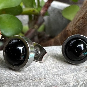 Boucles d’oreilles Black Obsidian Stone Stud pour hommes, boucles d’oreilles pour hommes, pierres d’obsidienne noires, boucles d’oreilles Silver Stud