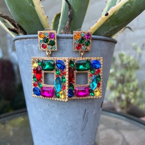 Square Statement Earrings, Rhinestone Earrings, Big Earrings, Fashion Earrings