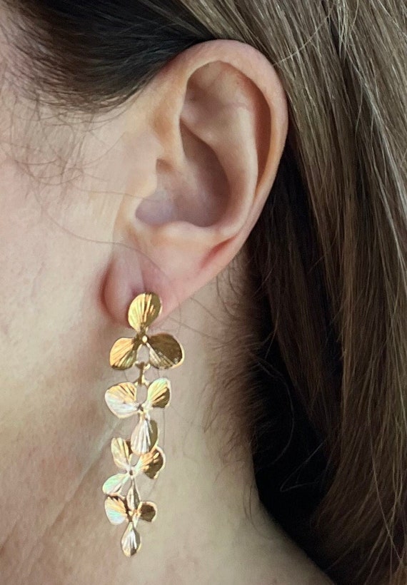 Gold Flower Dangle Earrings Orchid Flower Earrings Wedding Etsy