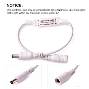 May include: White LED controller with a white wire and two white plugs. The controller has a red label that says "LED CONTROLLER With RF Remote Control Peak Output Current: 6A".