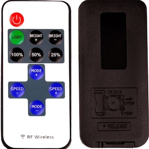 May include: A white remote control with a black and gray button layout. The buttons are labeled with functions such as "Light", "Bright", "Mode", and "Speed". The remote control also has a power button and a battery compartment. The remote control is used to control a device, such as a light or fan.