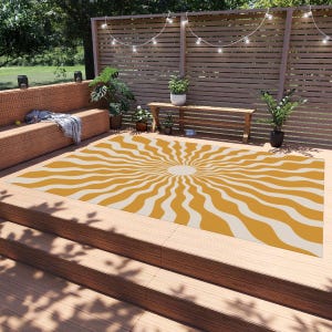 Outdoor Rug - Boho Gold Sunny - Boho Rug - Sun Pattern Rug - Waterproof Rug - Non Slip Rug - Chenille Rug - Fade Resistant- UV Resistant