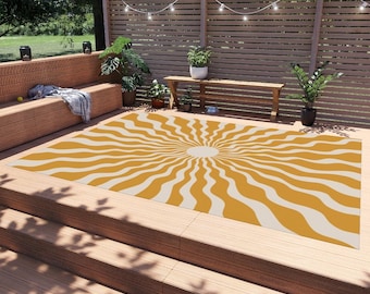 Outdoor Rug - Boho Gold Sunny - Boho Rug - Sun Pattern Rug - Waterproof Rug - Non Slip Rug - Chenille Rug - Fade Resistant- UV Resistant